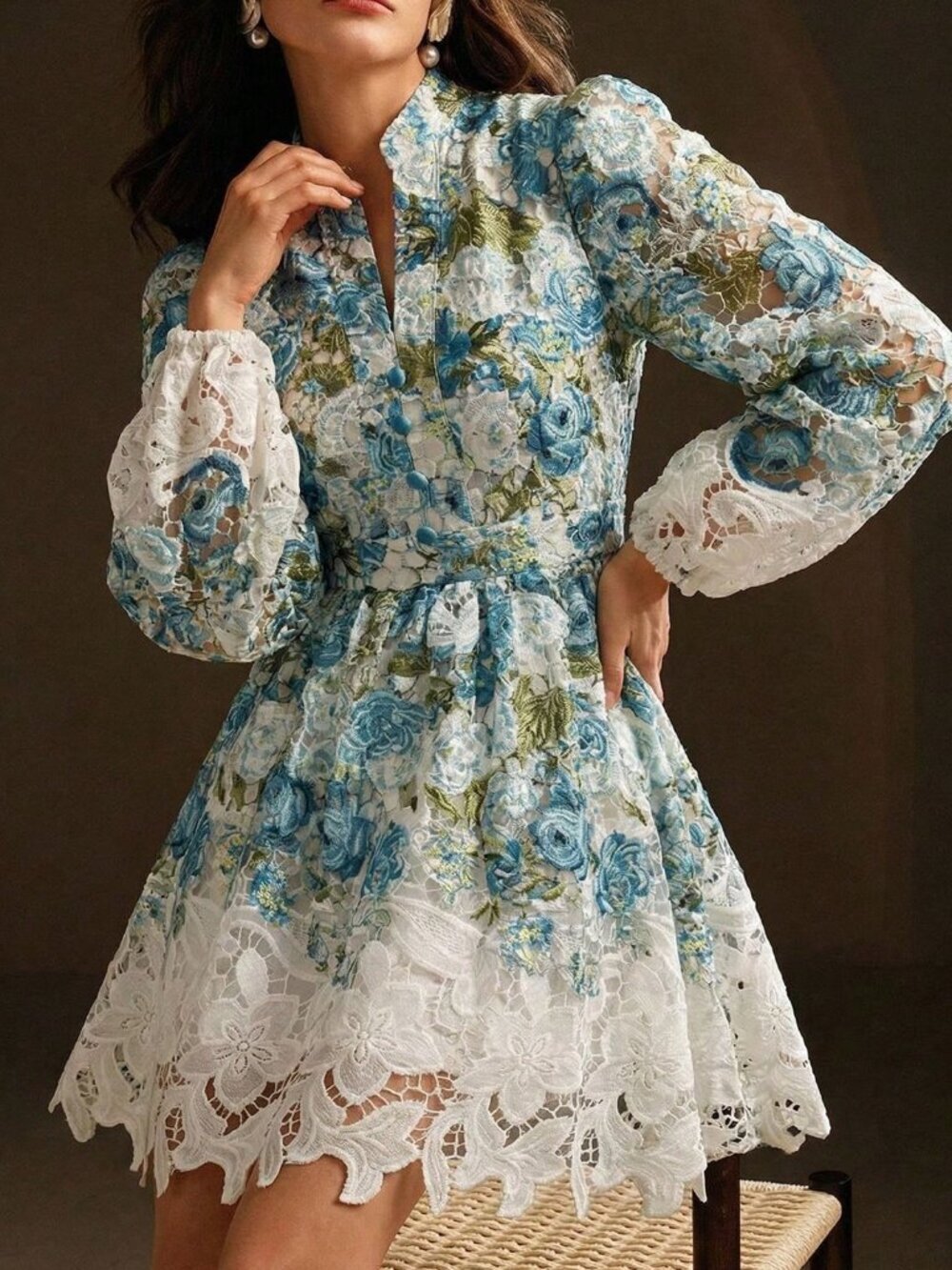 Blue Boho Women's Embroidered Elegant Vacation Casual V-Neck Dress
